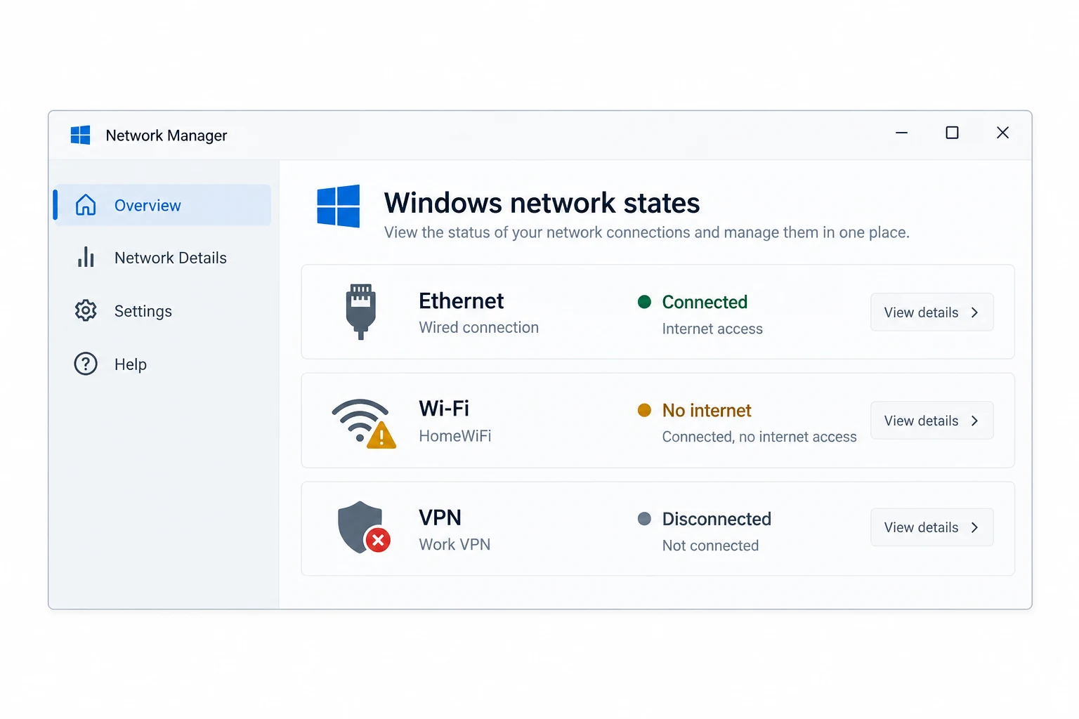 Example interface: pair each network symbol with a readable status so the state remains clear without colour.
