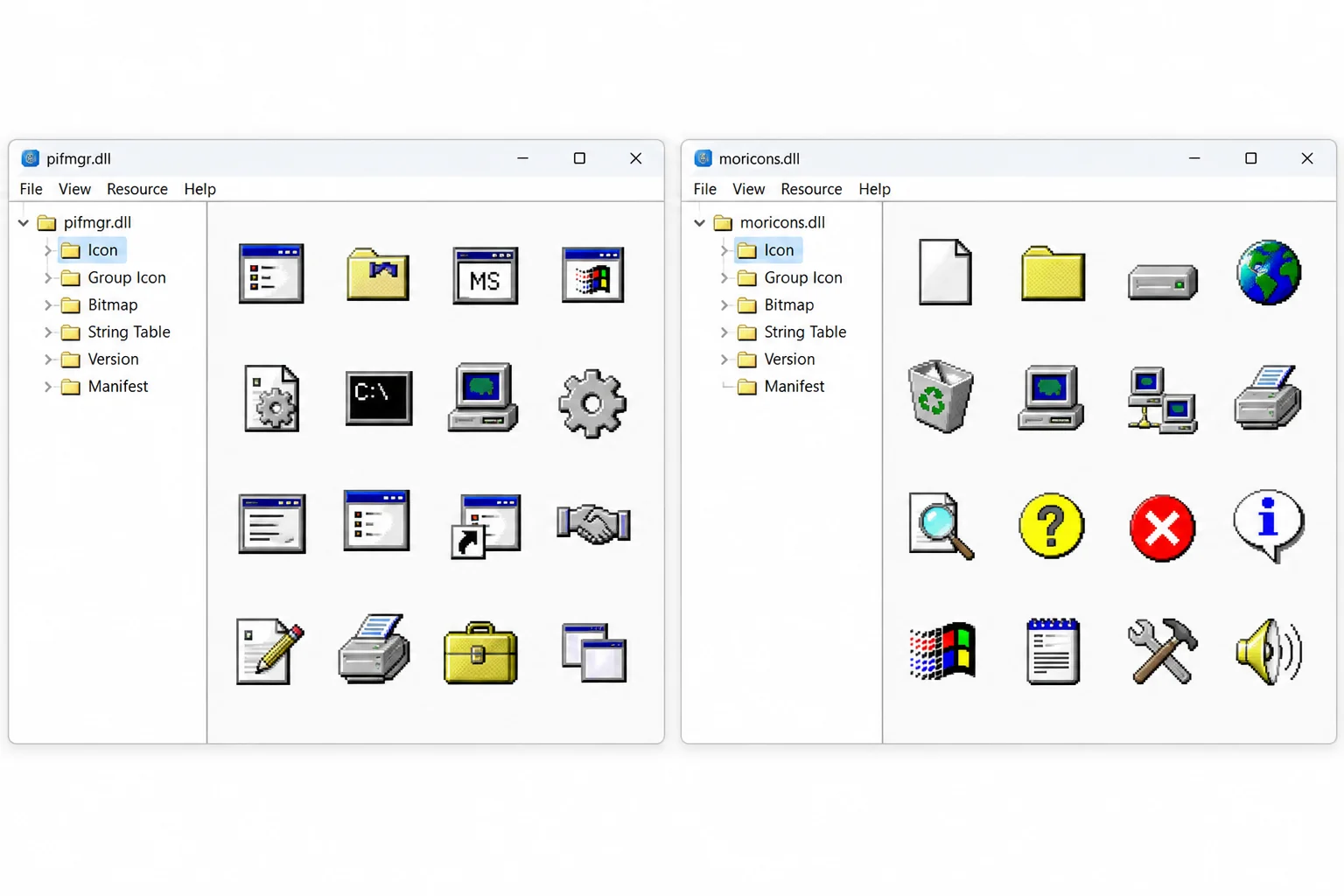 Classic pixel-art icons in the legacy pifmgr.dll and moricons.dll libraries