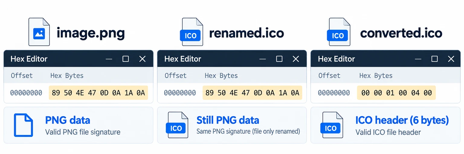 Renaming a PNG does not change its bytes or turn it into an ICO container.