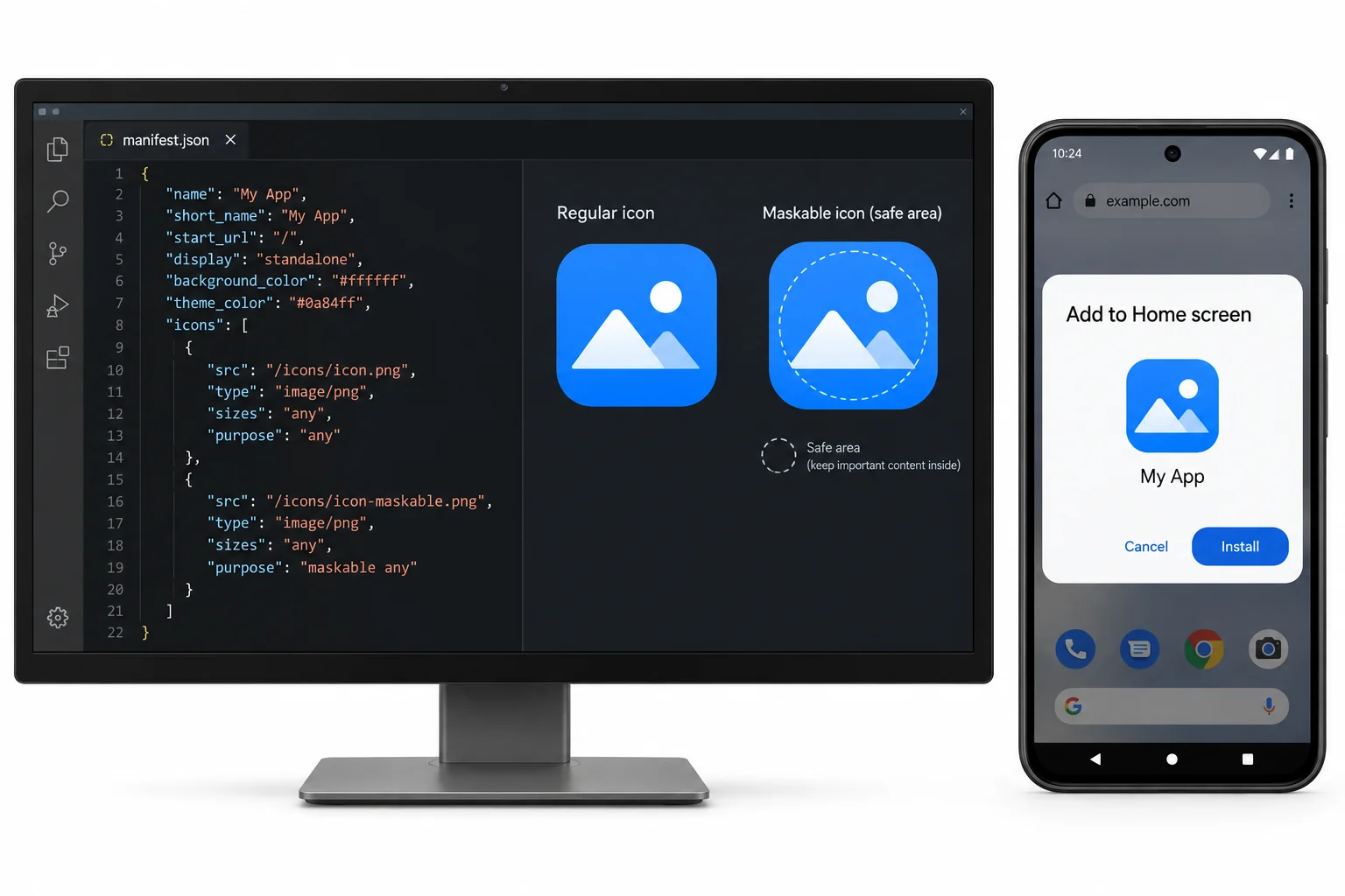 A web manifest's regular and maskable icons shown in an Android install preview