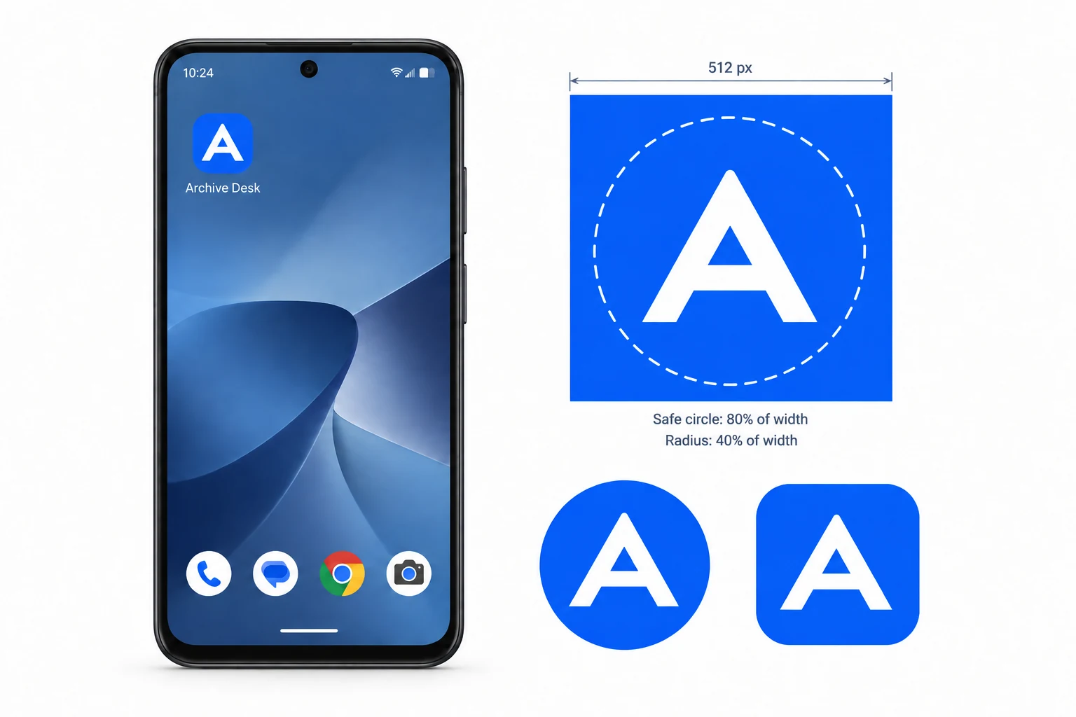 Keep the meaningful logo inside the central safe circle so Android masks do not clip it.