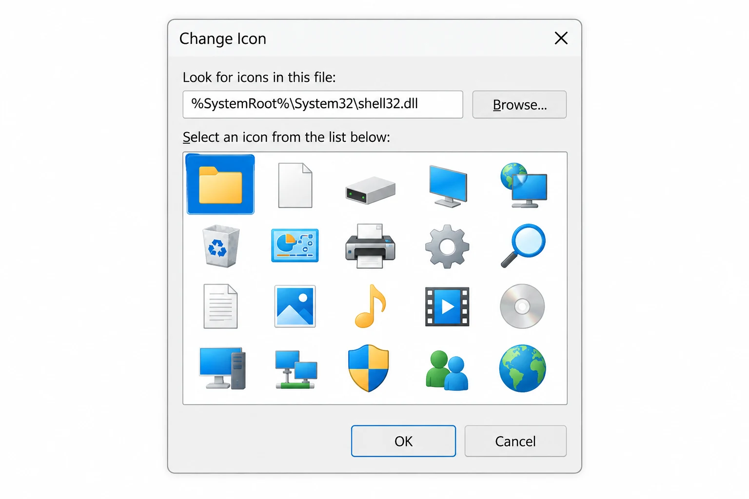 Open Change Icon to browse the library on your own Windows build; the available artwork and order can vary.