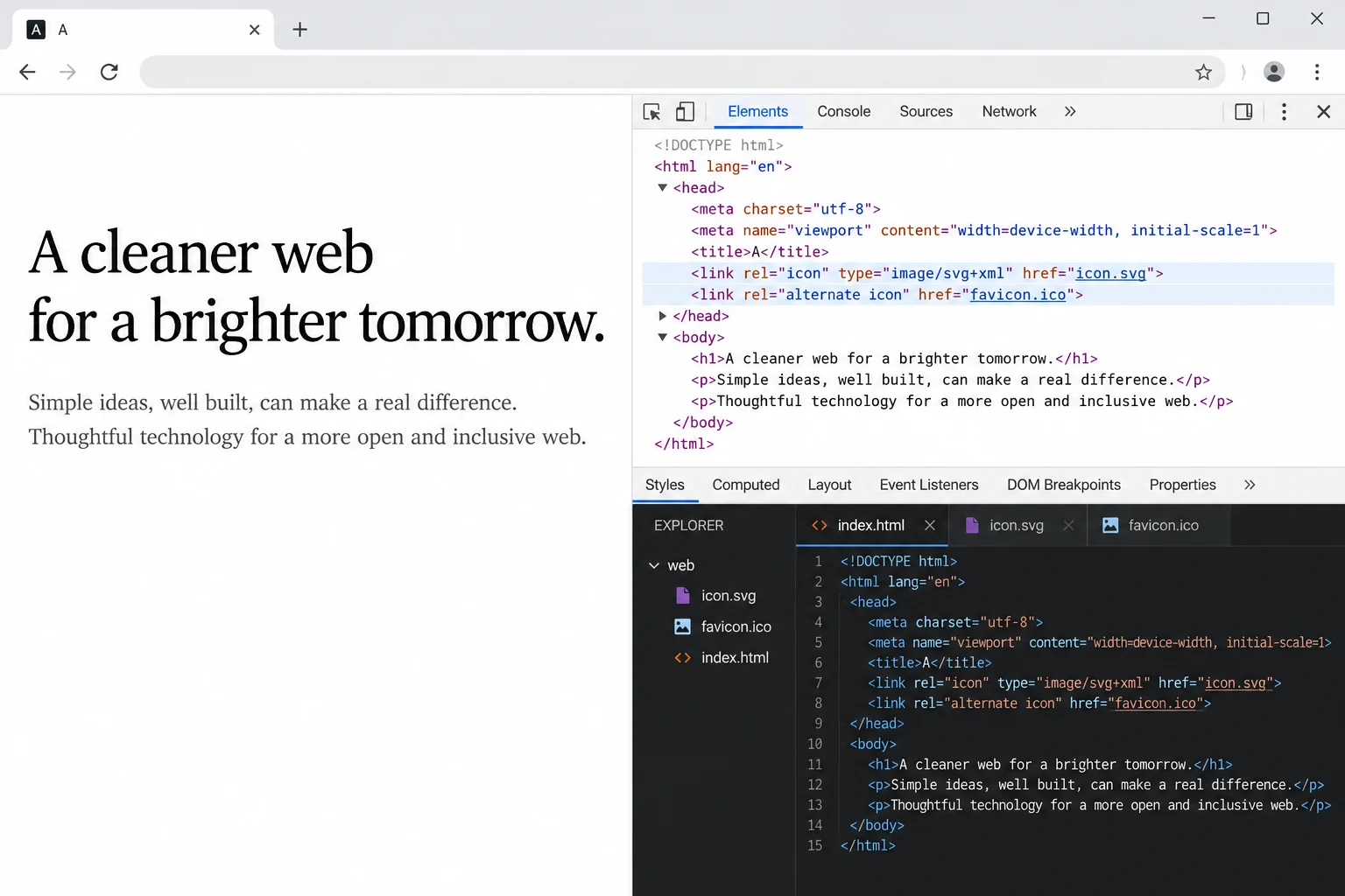 A browser page with an SVG favicon link and an ICO fallback declaration