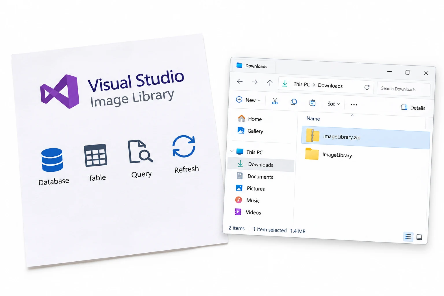 Browse the downloaded image library by concept, then choose the format and size required by the interface.
