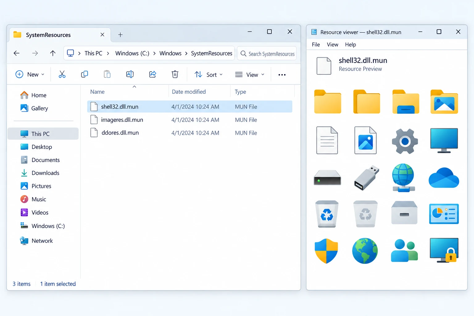 On modern Windows, inspect the companion MUN resource file when the DLL does not expose the expected icons.