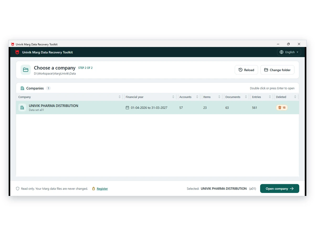 Choose a company screen in Univik Marg Data Recovery Toolkit: UNIVIK PHARMA DISTRIBUTION, data set a01, with record counts
