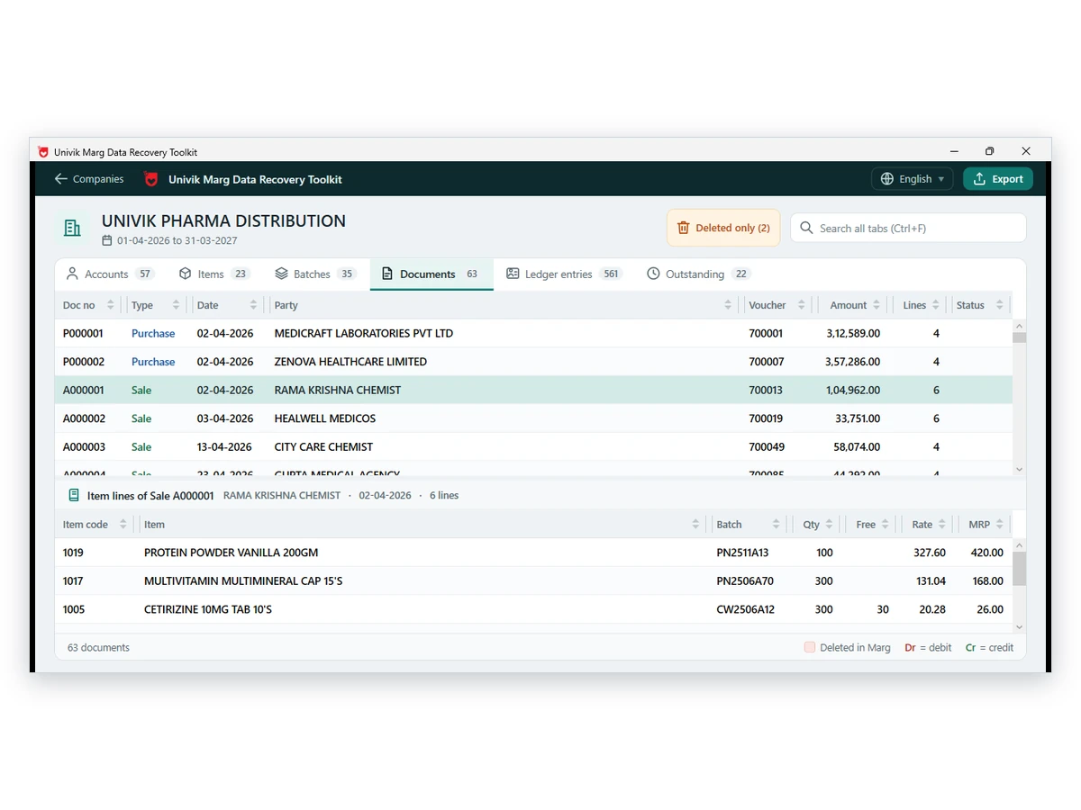 Documents tab with purchase and sale bills by party and amount and the item lines of sale A000001 below