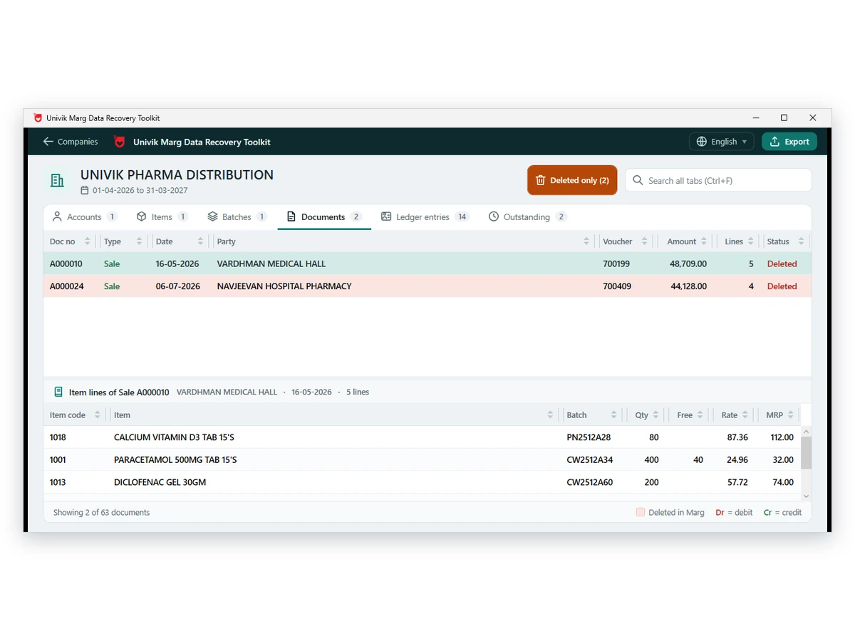 Deleted only view: two sale documents A000010 and A000024 flagged Deleted with the item lines of the first one below