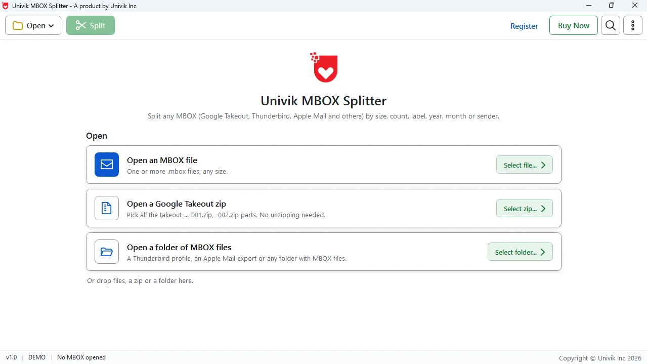 The start screen of Univik MBOX Splitter with three open modes