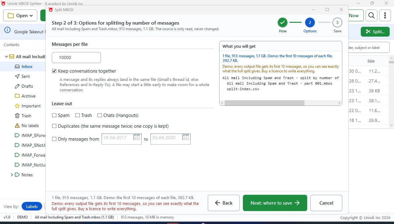 Gmail label split options in Univik MBOX Splitter