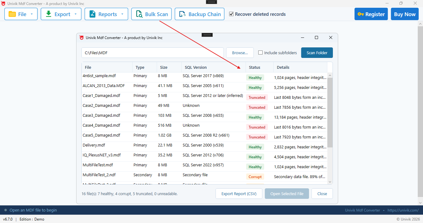 Univik MDF Converter Bulk Scan window listing MDF and NDF files each with a healthy, truncated or corrupt status and its SQL Server version