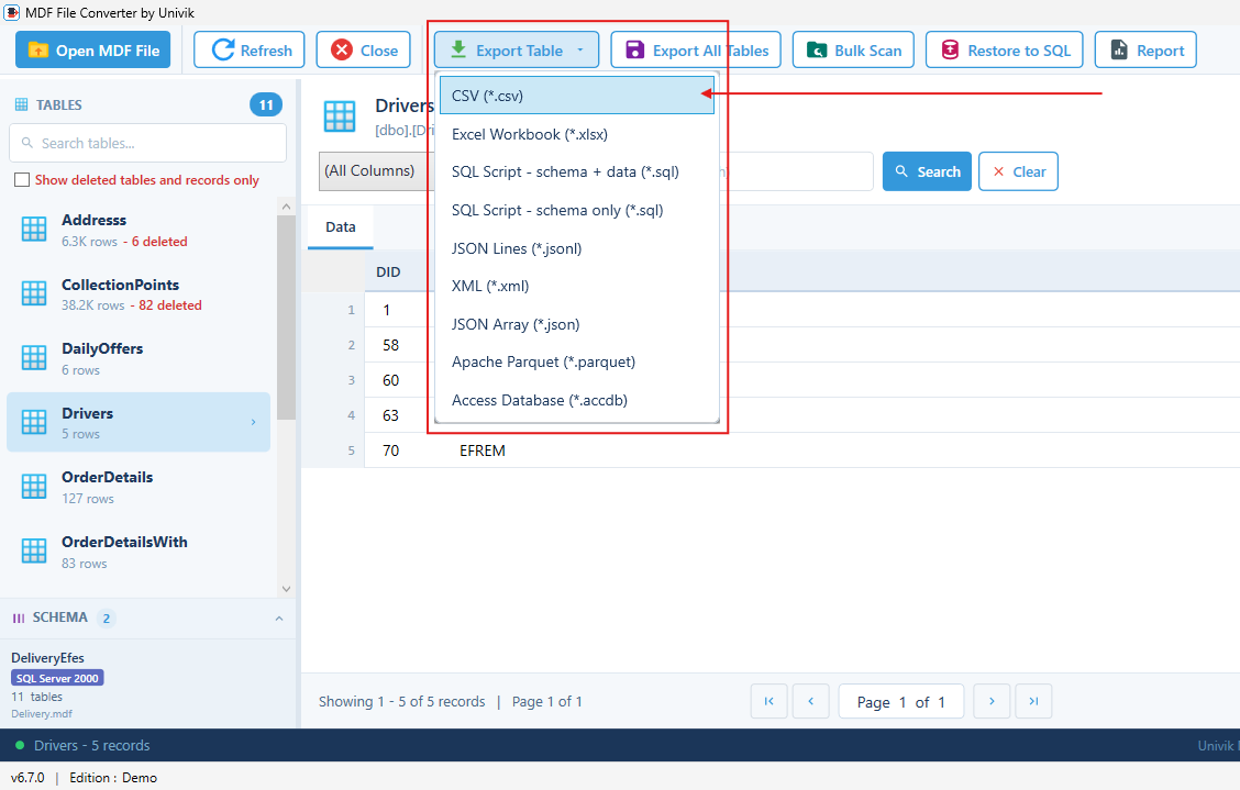 Univik MDF Converter Export menu with CSV selected as the saving format for converting an MDF file to CSV