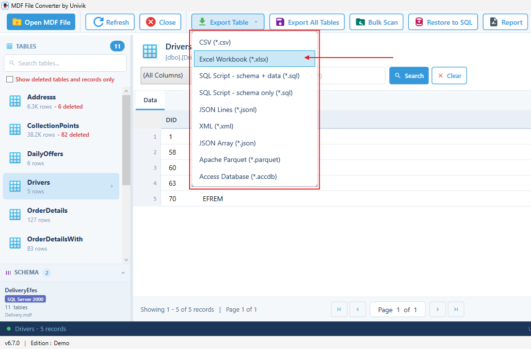 Univik MDF Converter exporting an MDF table to a native Excel Workbook xlsx file