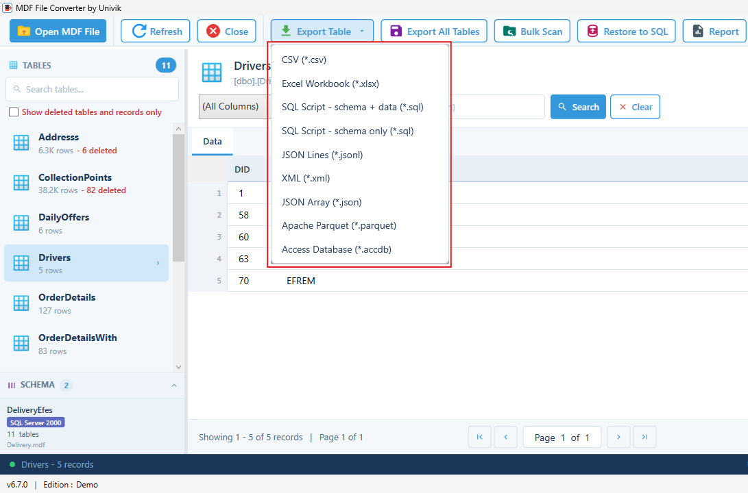Univik MDF Converter export menu with the Access Database option among nine formats