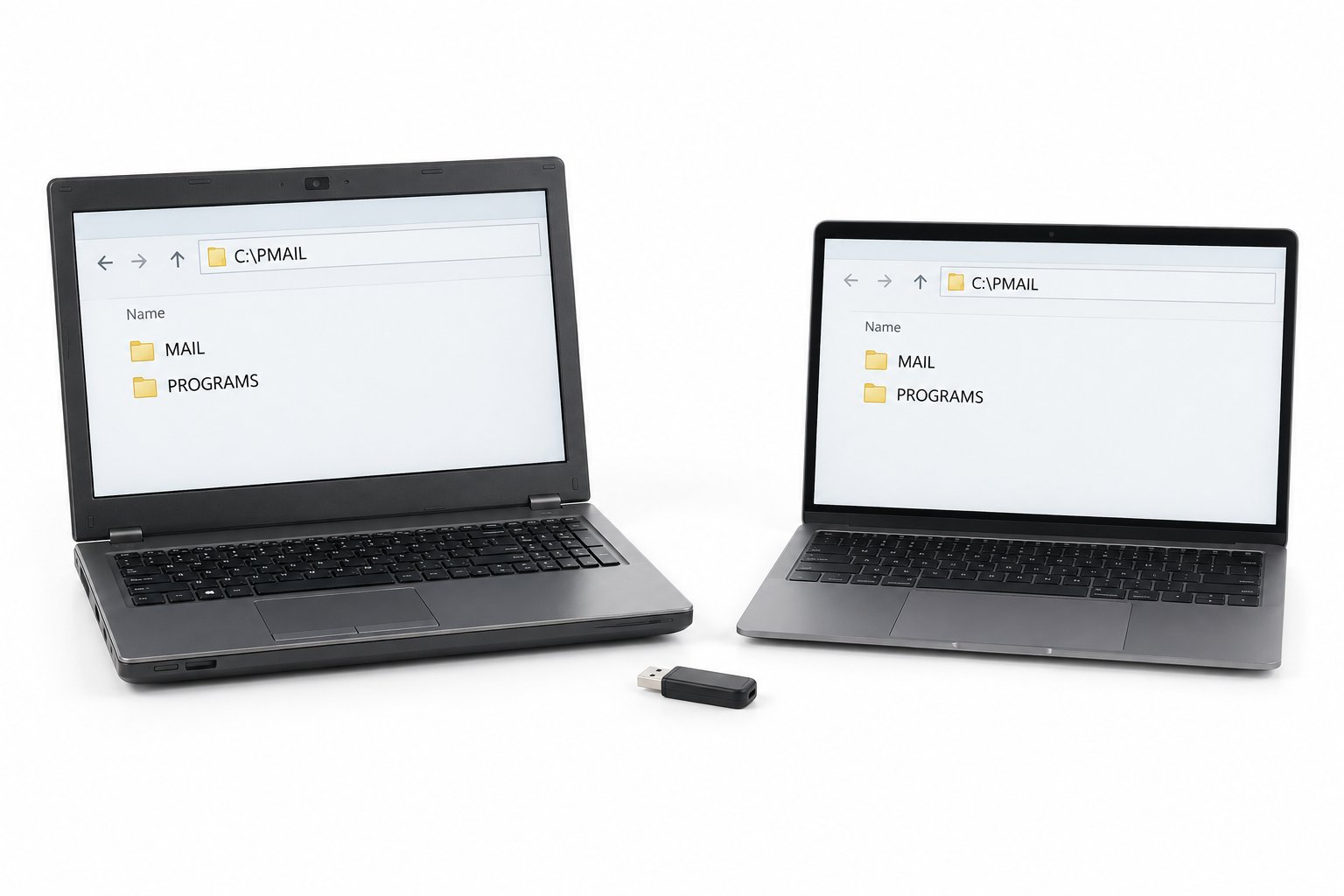 Old and new laptops showing the same C:\PMAIL path, with MAIL and PROGRAMS folders and a USB drive.