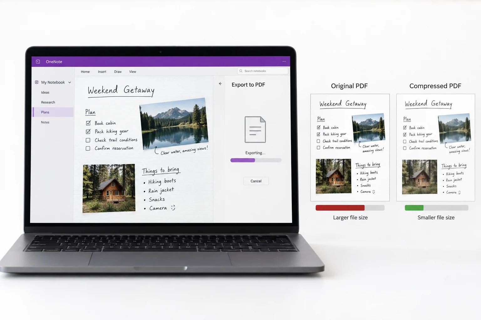 A OneNote page and its reduced-size PDF export