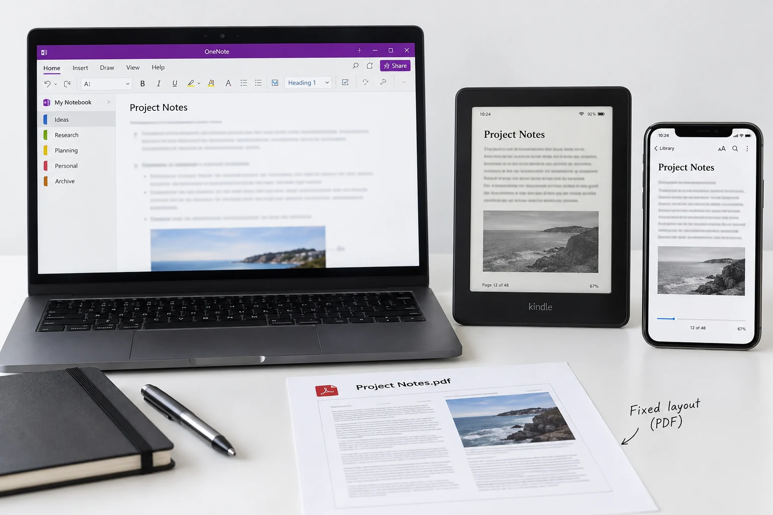 OneNote content prepared as a reflowable EPUB beside a fixed-layout PDF