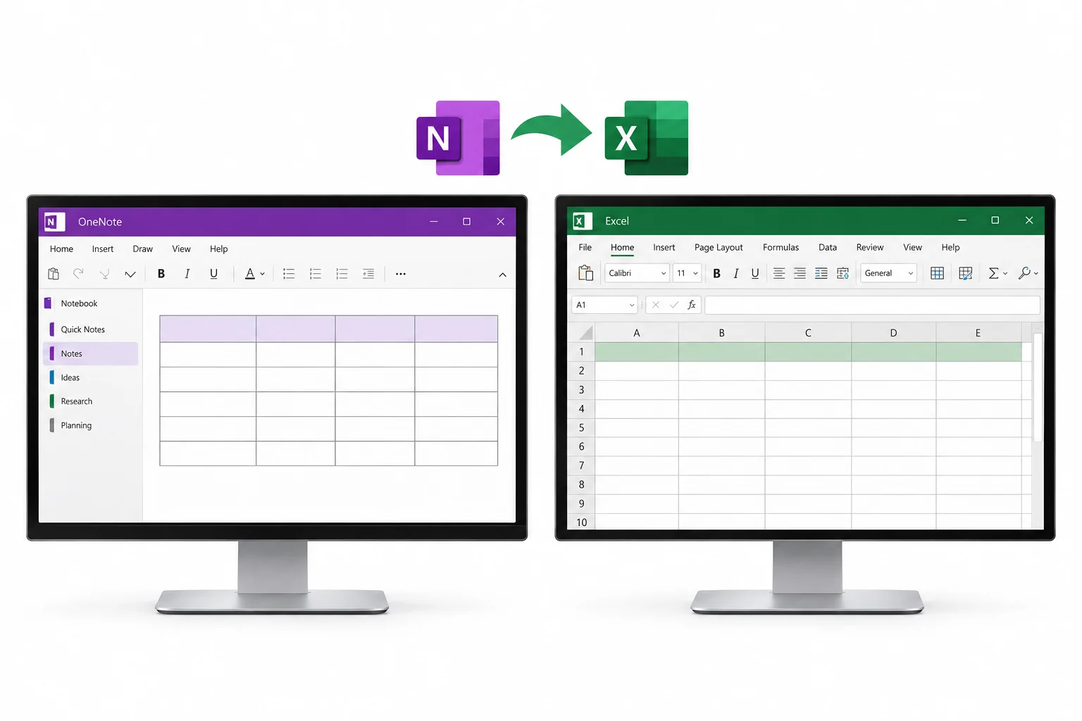 A OneNote table transferred into a blank Excel worksheet