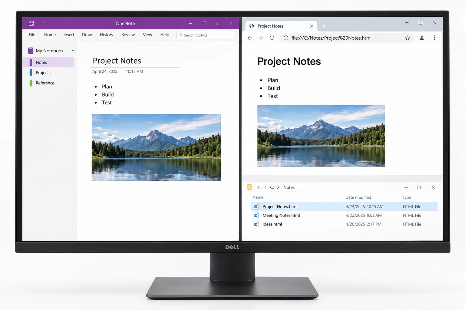 A OneNote page beside its exported local HTML version