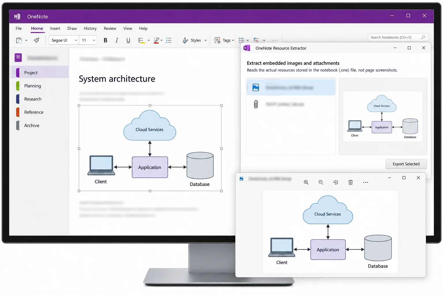 A OneNote page's embedded image resource selected for export as a separate picture