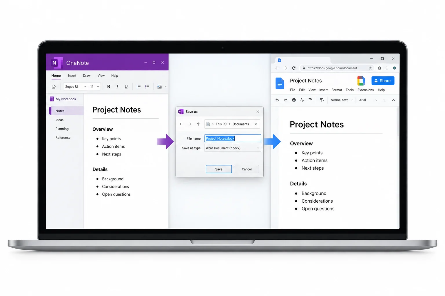 A OneNote export opened as a formatted Google Docs document