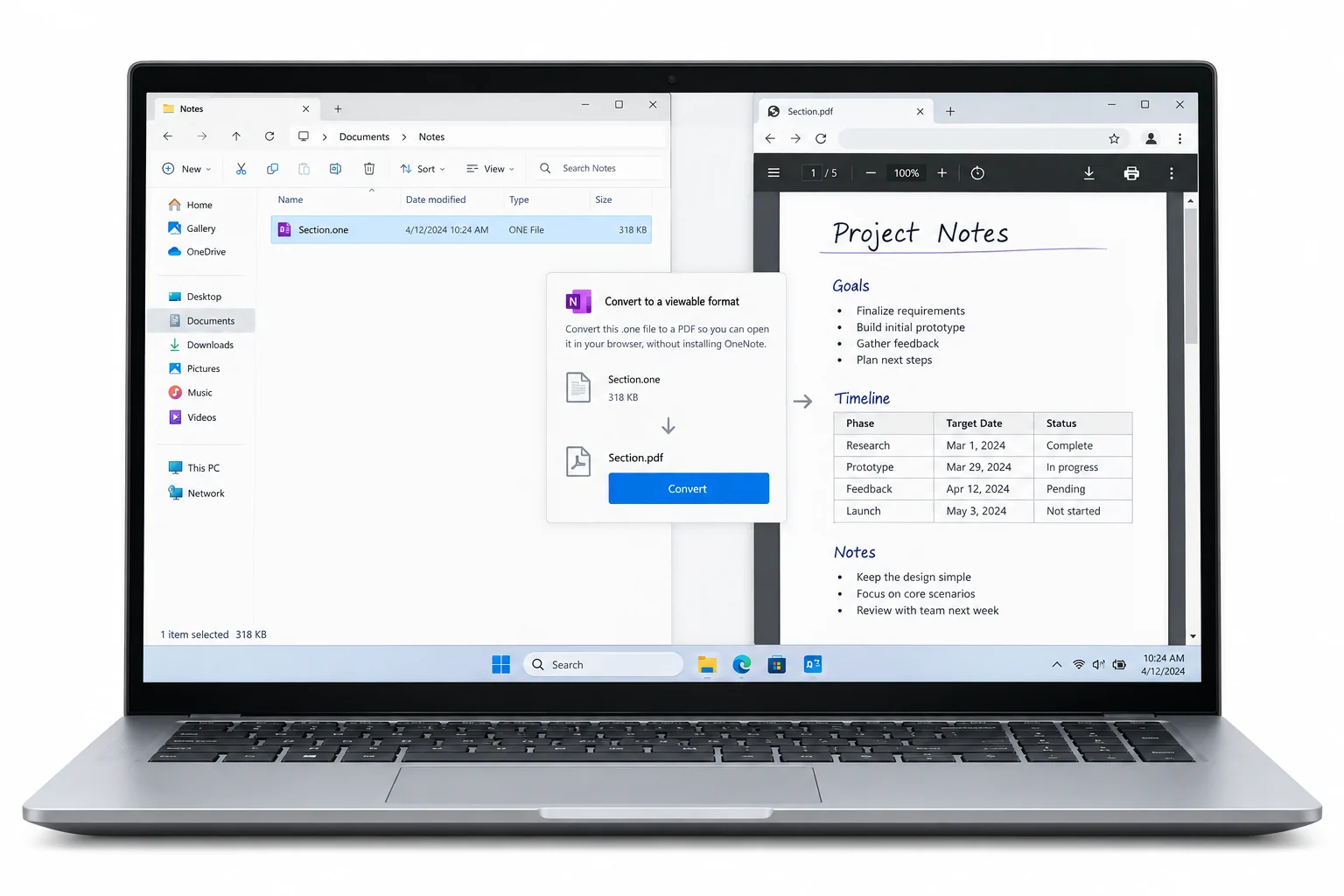 A OneNote section file previewed through a conversion workflow