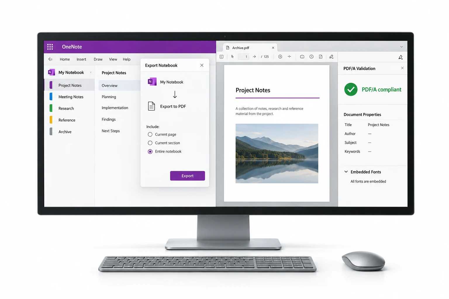 A OneNote archive PDF beside a PDF/A validation status