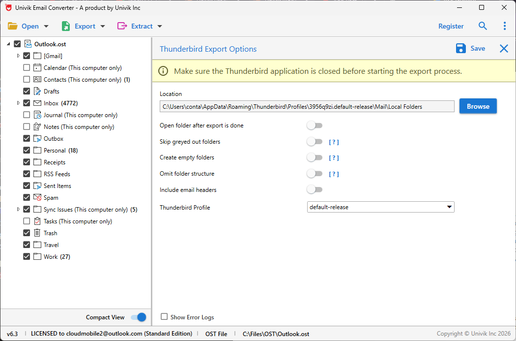 Univik OST Converter importing OST folders directly into Thunderbird, showing the folder tree and Thunderbird export option
