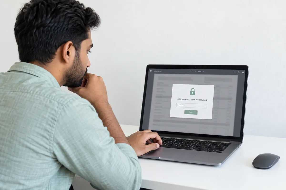An employee opens a password-protected payslip PDF on a laptop; salary and payroll details are blurred