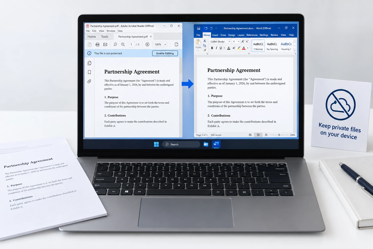 Private PDF conversion workflow showing a local unlocked document opened in Word.