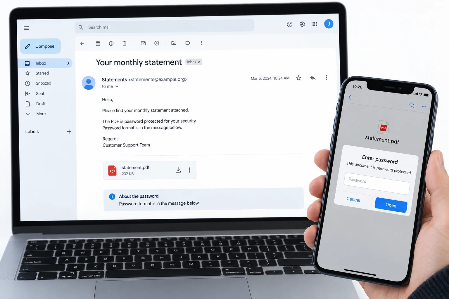 Email attachment scene showing that a sender can provide a PDF password in a separate message.