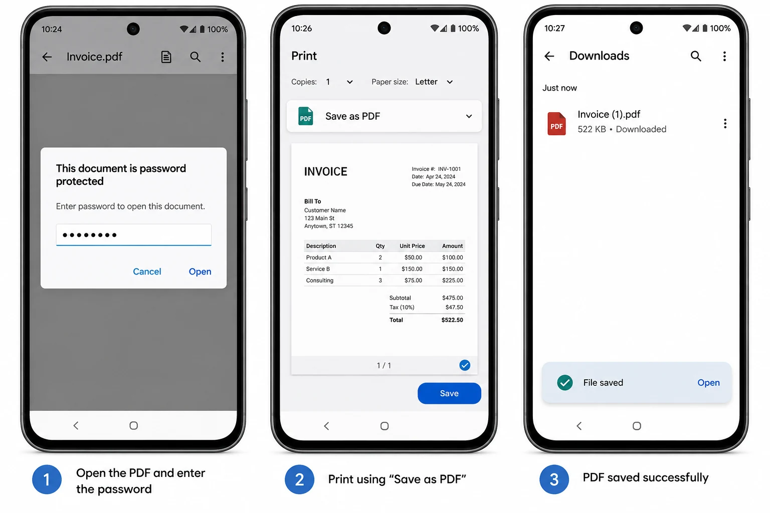 Android steps for entering a known PDF password, selecting Save as PDF in Print, and finding the saved copy.