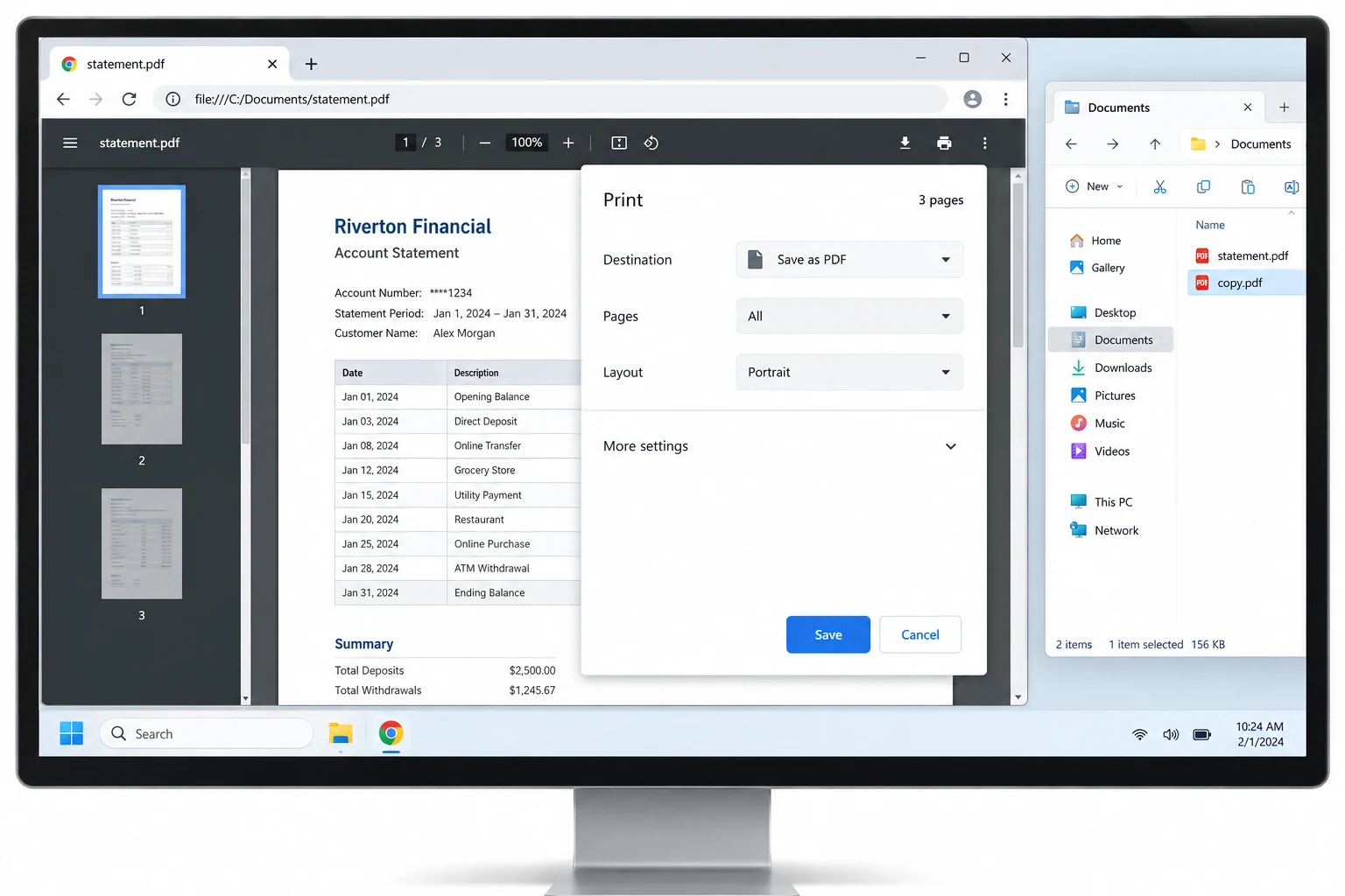 Chrome print dialog with Save as PDF selected for a sample statement that has already been opened.