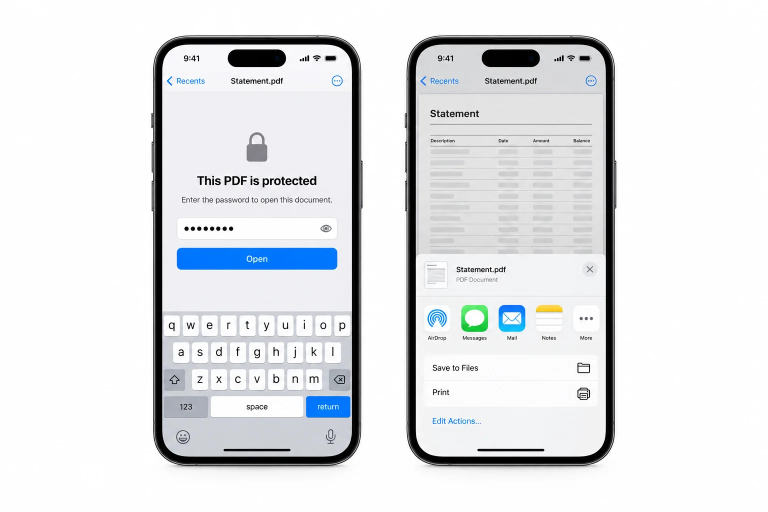 An iPhone Files PDF password prompt followed by the share and save options