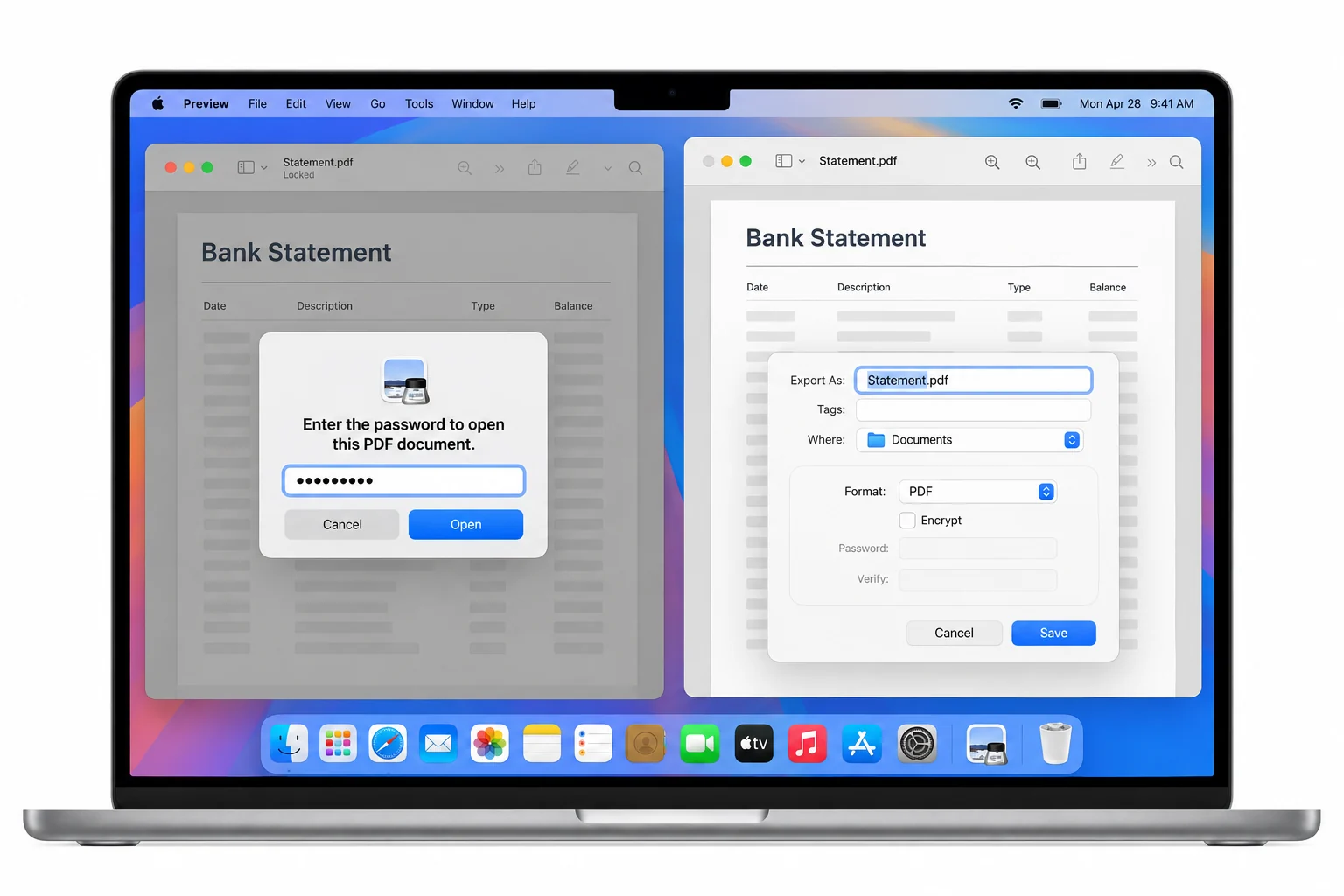 macOS Preview opening a password-protected bank statement PDF and exporting an unencrypted copy
