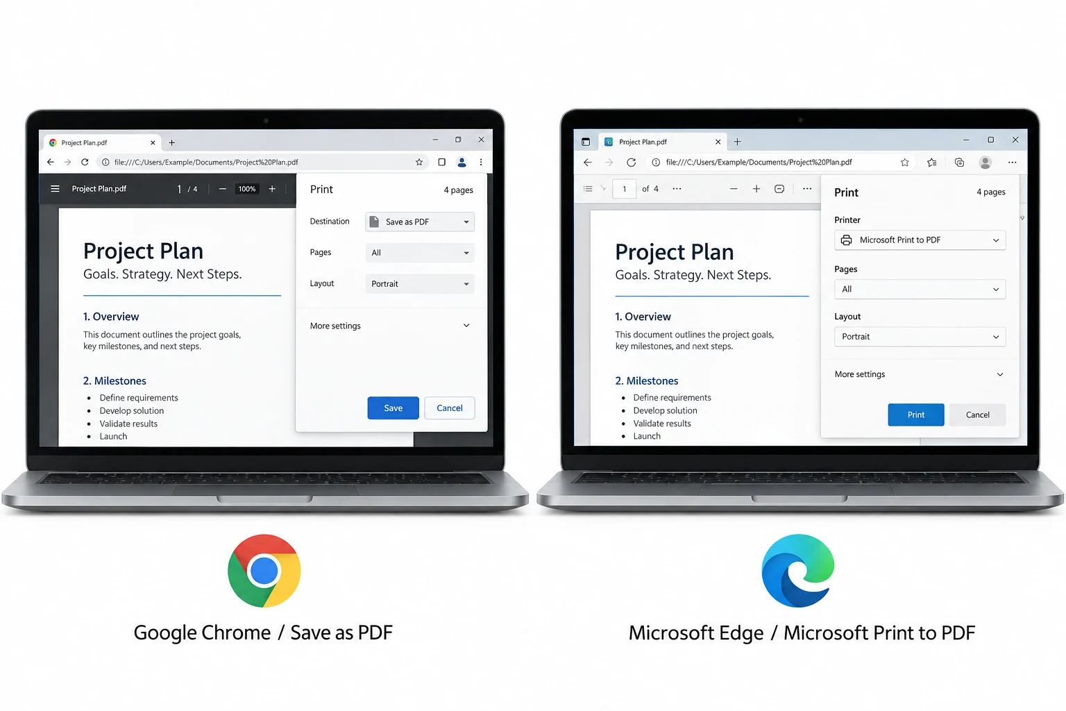 Chrome and Edge print-to-PDF options shown as browser routes that do not require Adobe Acrobat.