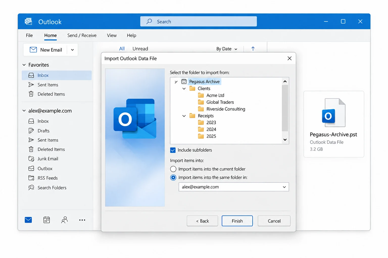 In classic Outlook, select the target mailbox and include subfolders when importing the PST.