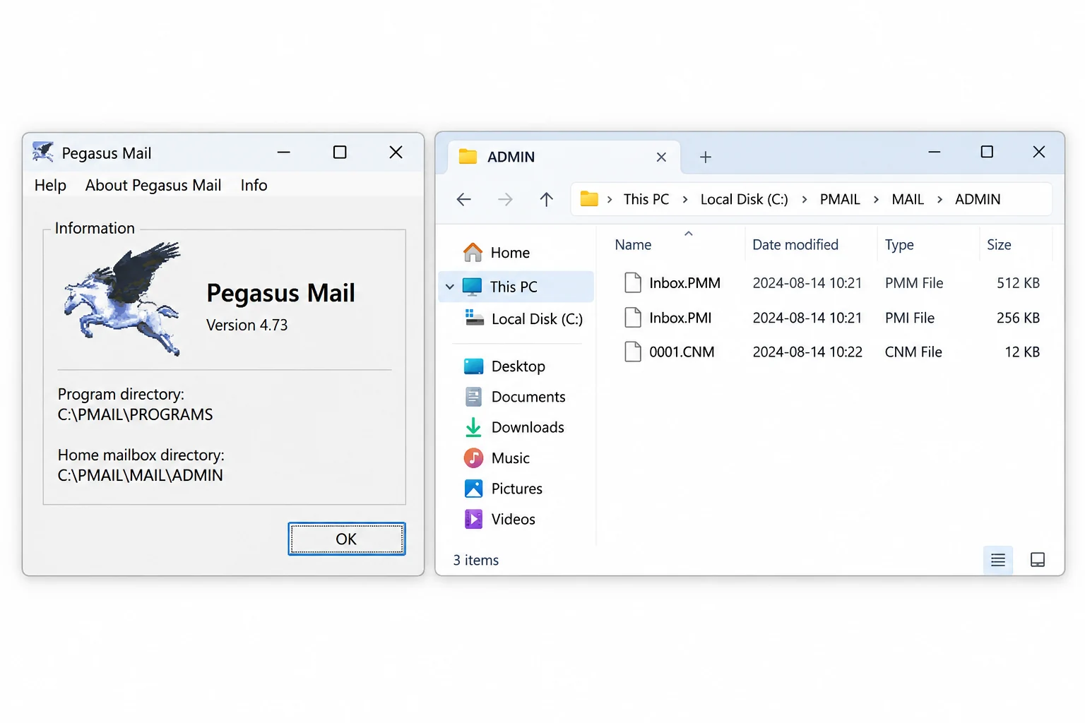 Pegasus Mail mailbox information beside the matching Windows folder containing PMM, PMI and CNM files.