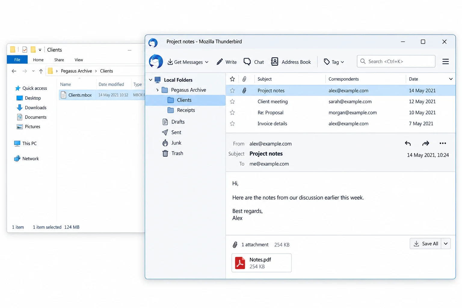 Imported mail appears under Thunderbird Local Folders, where folder names and attachments can be checked.