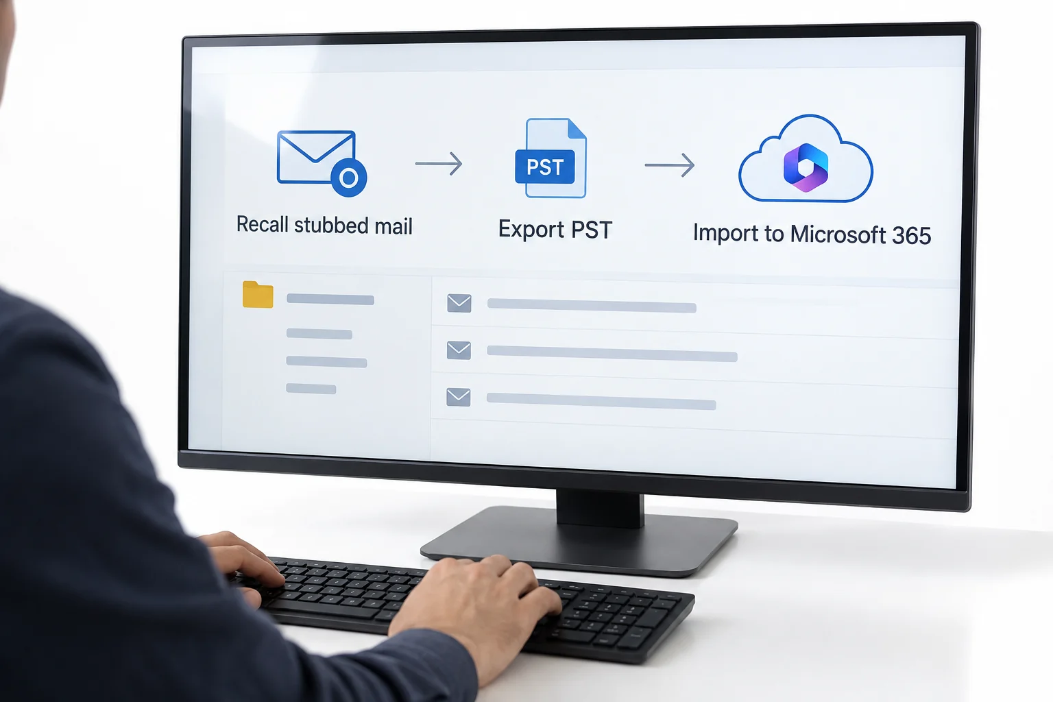 A legacy archive export screen leading into a Microsoft 365 mailbox import workflow