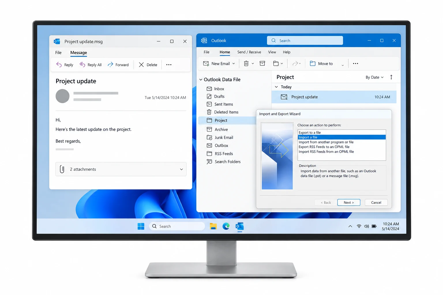 An Outlook MSG message and the Outlook import workflow for a PST archive