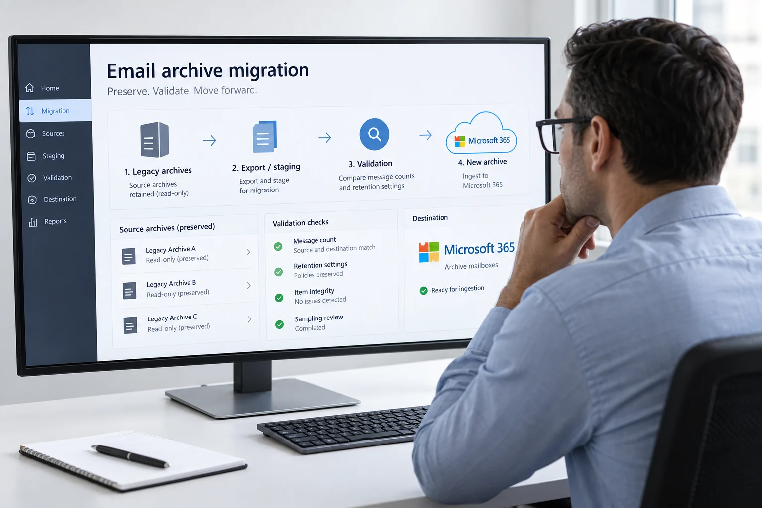 An email archive migration plan shown in staged phases