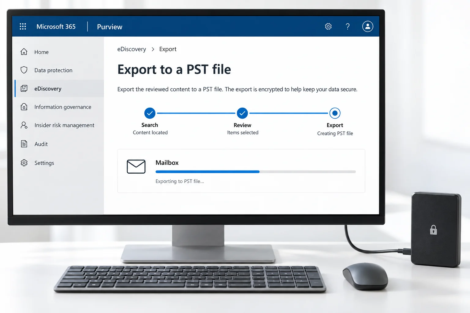 A Microsoft 365 mailbox selected for PST export and review