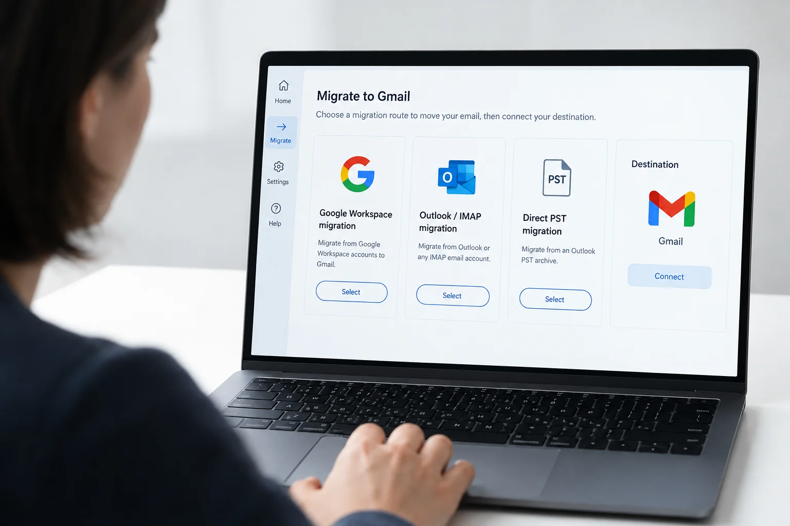 Gmail import routes shown for Outlook PST mail