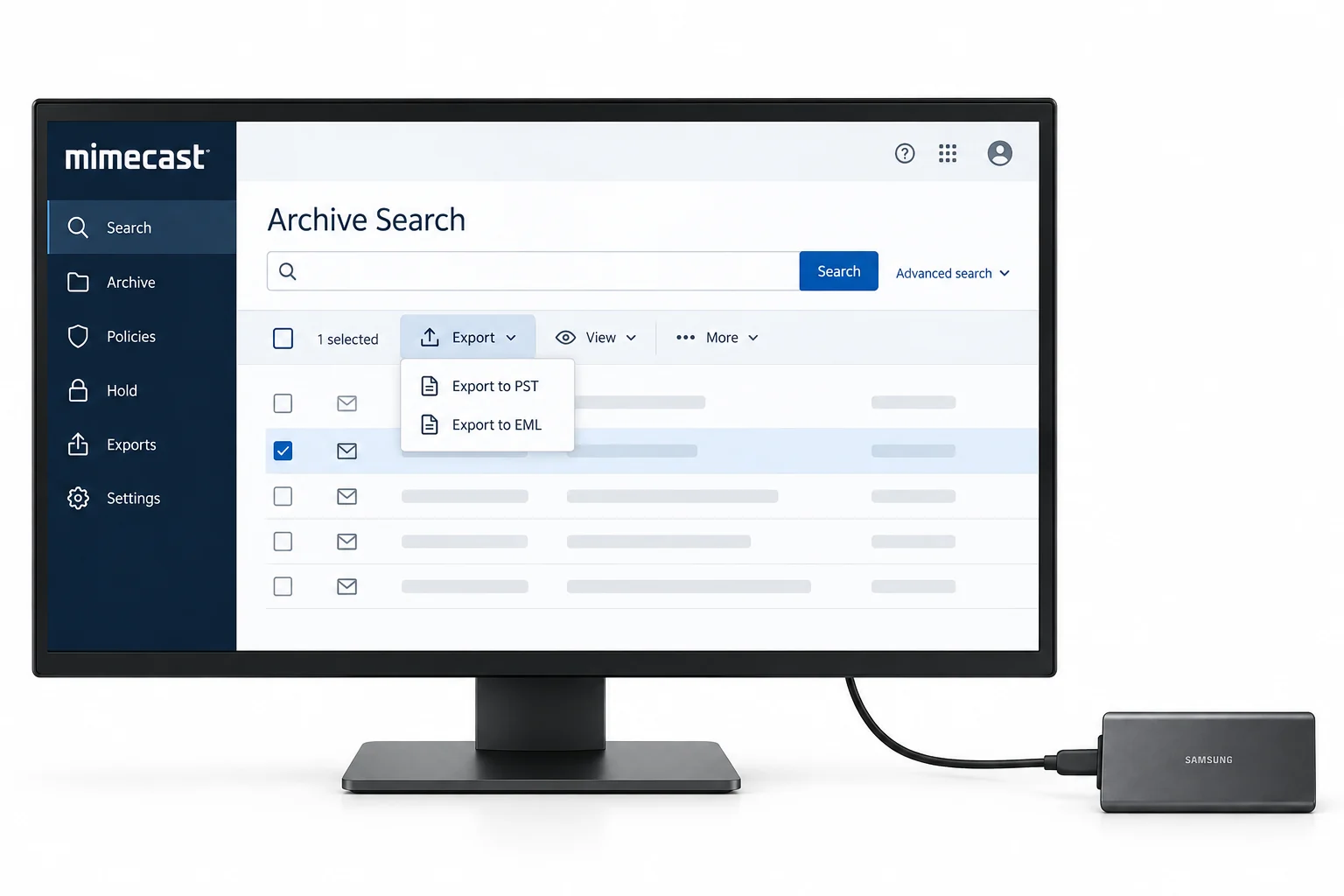A Mimecast archive message selected for PST or EML export