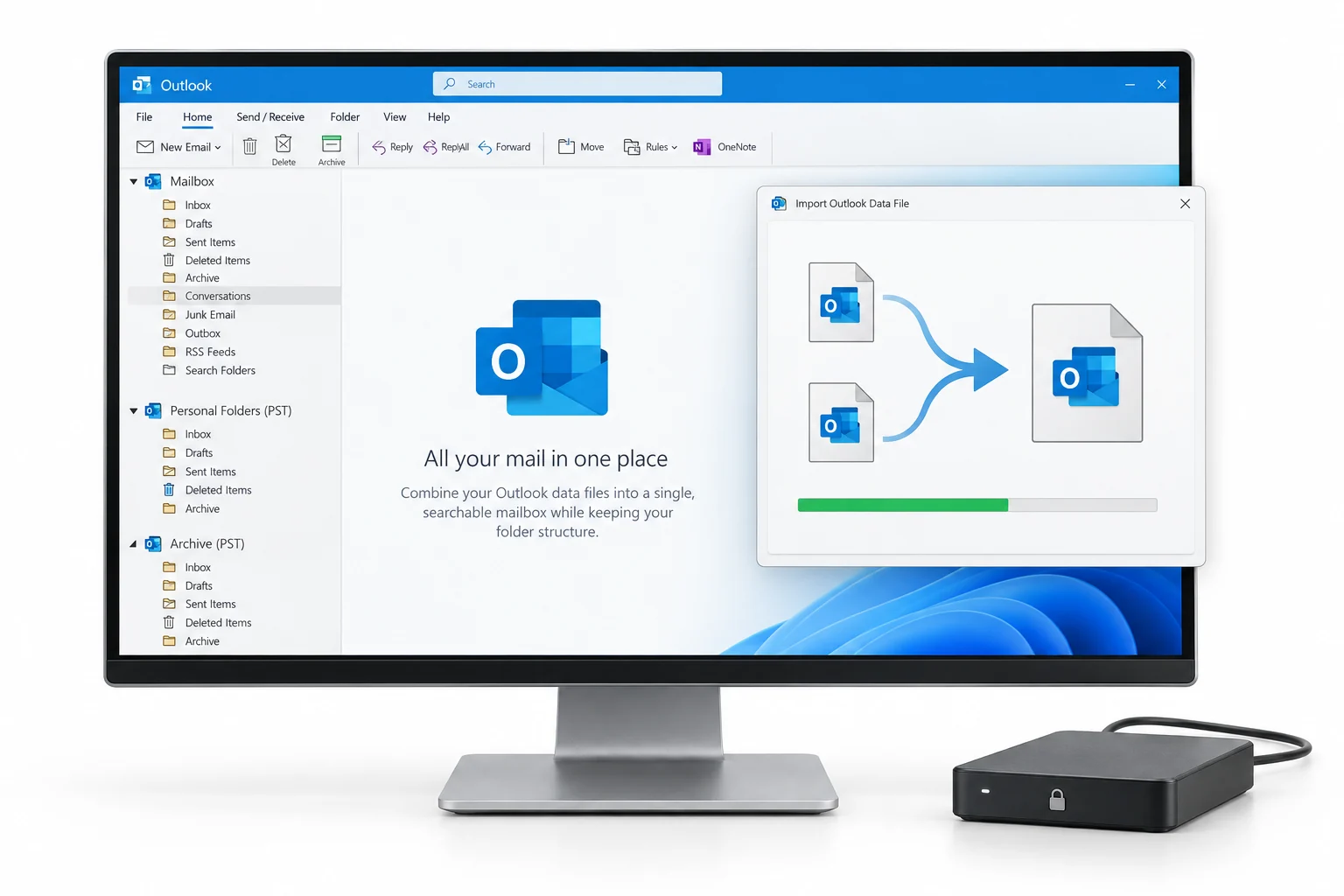 Outlook Data Files brought together in a single organized mailbox view