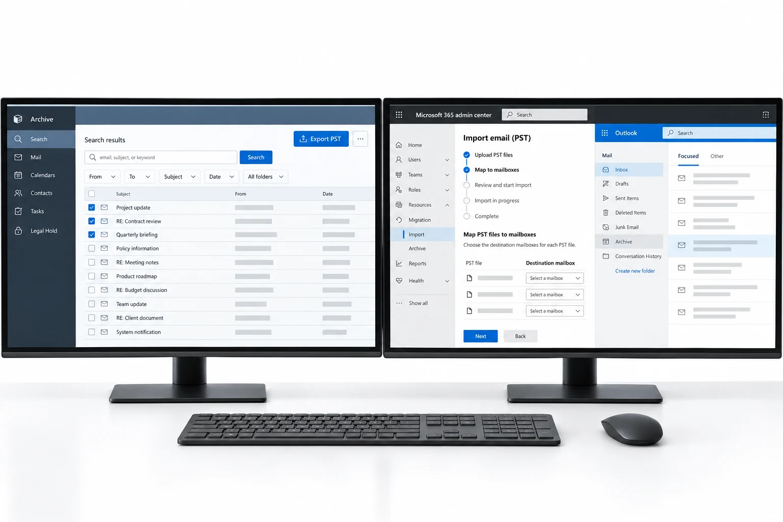 Legacy email archive export reviewed before import into Microsoft 365