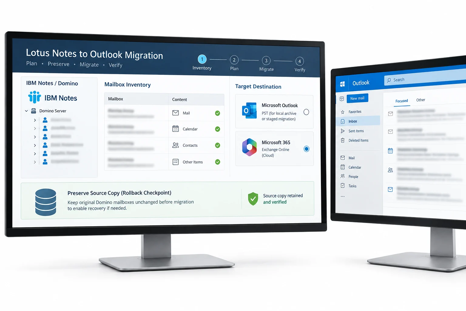A Lotus Notes migration plan covering mailbox inventory, Outlook targets and a preserved source copy