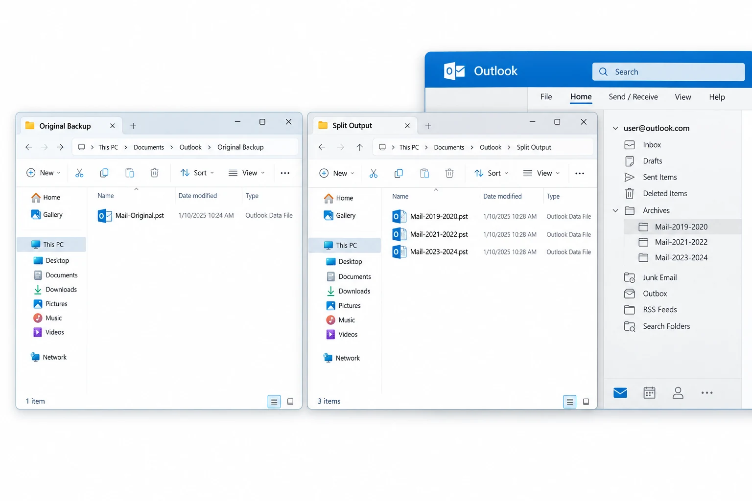 Keep the original PST until the split files have been opened and checked in Outlook.