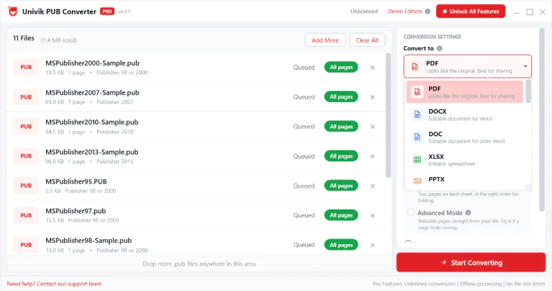 Export options panel in Univik PUB Converter for choosing the format, output folder, DPI and quality before converting